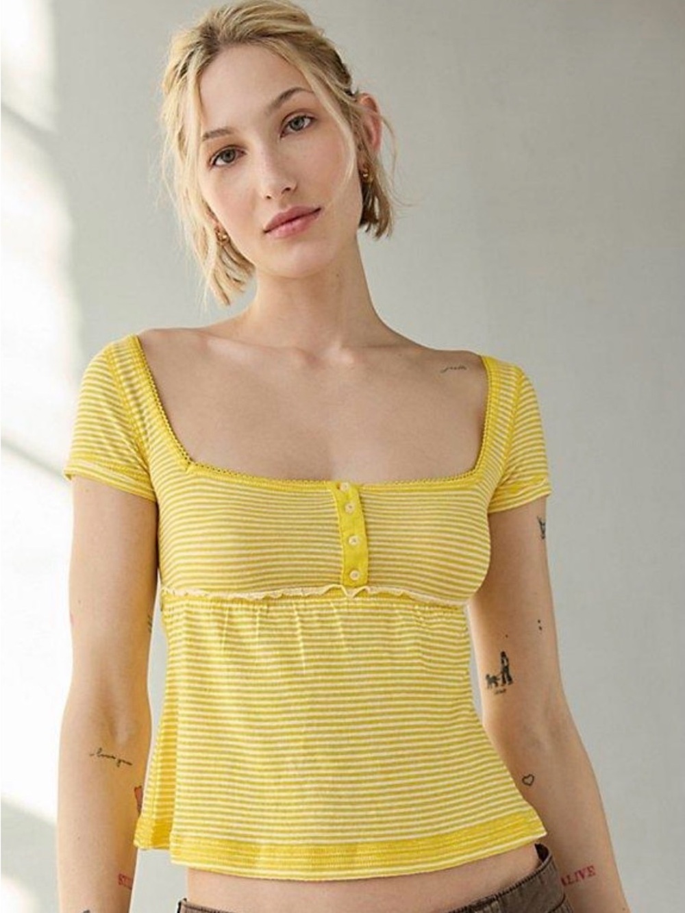 BDG Yellow Striped Square Neck Peplum Crop Top